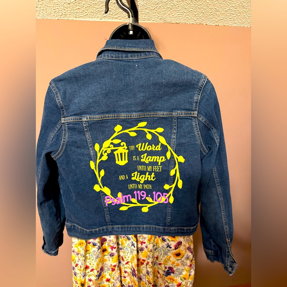 One of a kind custom Girls XL 14-16 denim jacket,Thy Word is a Lamp into my feet
